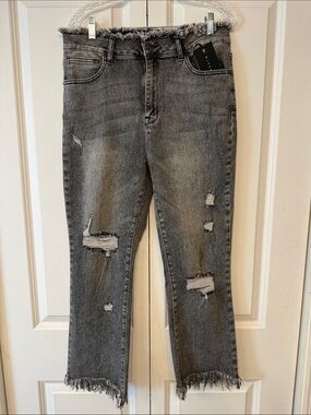 Women's Straight Leg Distressed Grey Jeans with Frayed Hem